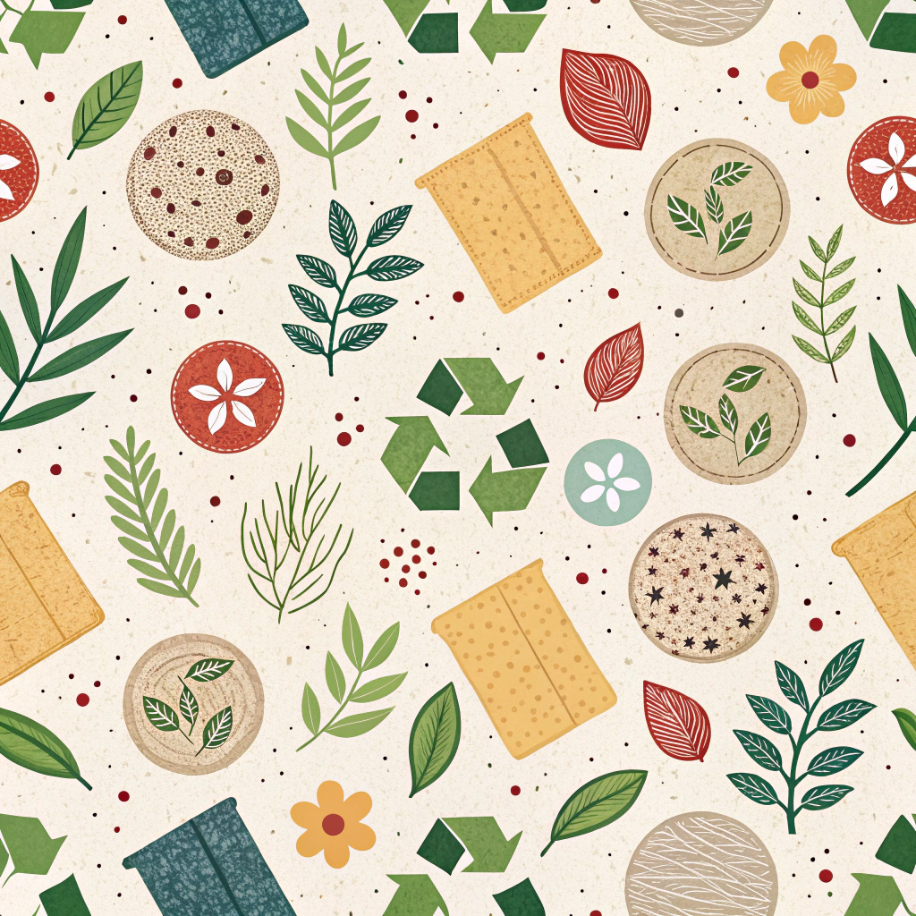 Upcycled Texture Collage Pattern: A visually rich pattern that mimics a collage of different recycled and upcycled materials – think compressed paper pulp textures, woven recycled fabric swatches, flecks of recycled plastic – arranged in a harmonious and repeating design.