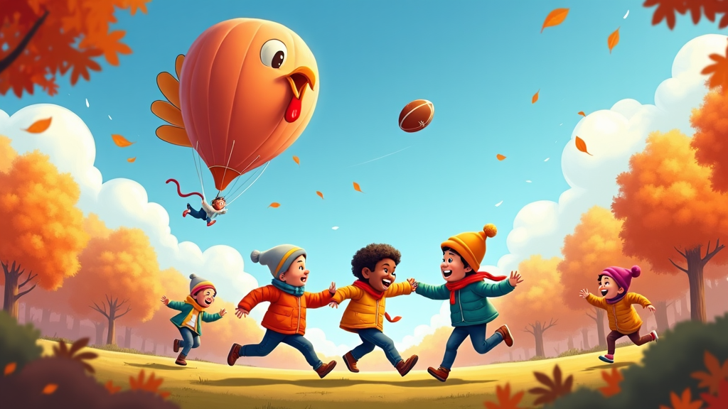 A turkey-shaped balloon floats in the sky, while in the foreground, children play a game of touch football as part of their Thanksgiving celebration.