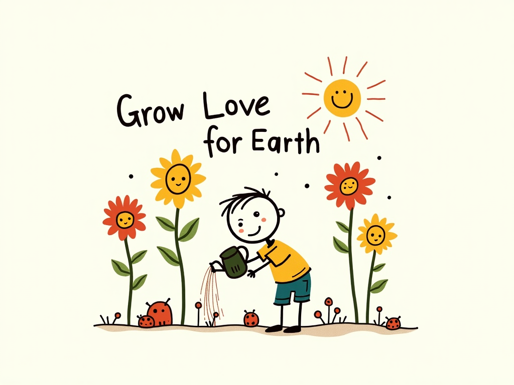 A whimsical doodle garden scene featuring a stick-figure child watering oversized, quirky flowers with smiling faces. A cheerful sun and a few doodle ladybugs and worms are present. Text: 'Grow Love for Earth' in a bubbly, doodle font.