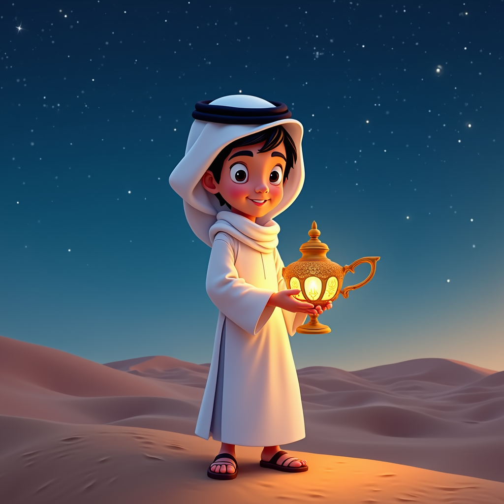 A young Qatari boy, Khalid, with traditional Qatari clothing, holding a glowing, ornate lamp, set against a backdrop of a stylized desert landscape with sand dunes and a starry sky.