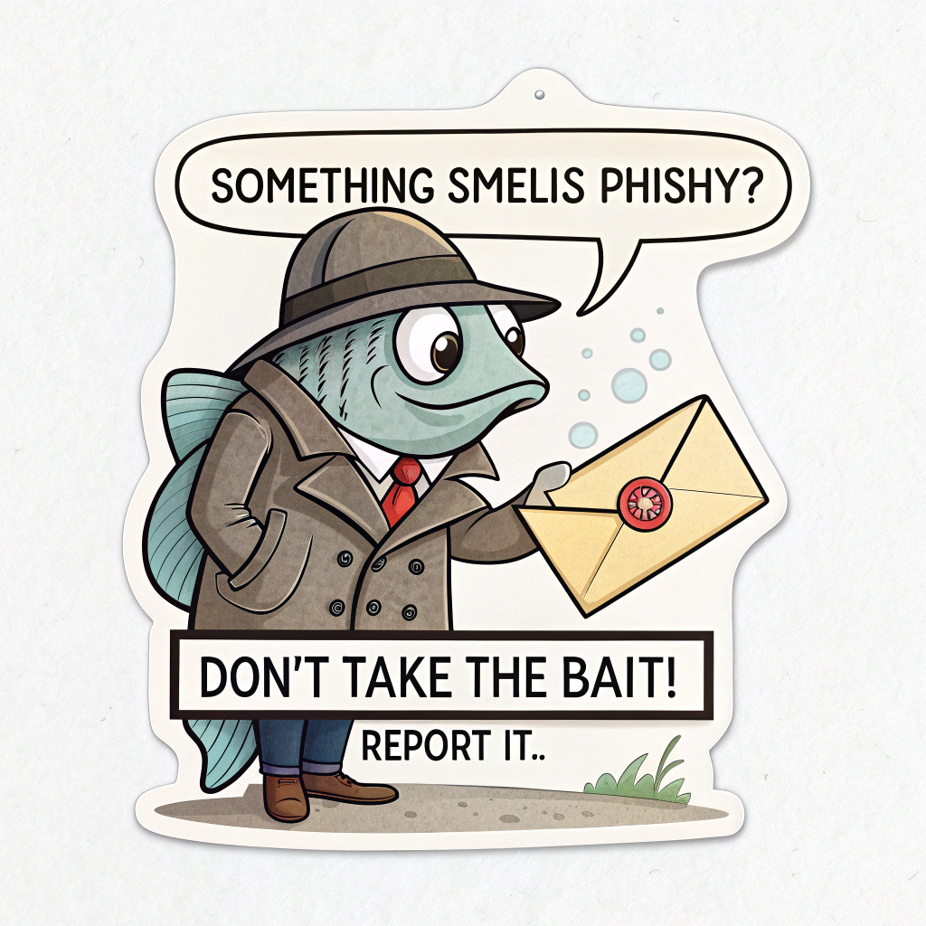 Sub-design 3: Humorous sticker with a cartoon fish wearing a detective hat and trench coat, peering suspiciously at an email envelope. Text: 'Something Smells Phishy? Don't Take the Bait! Report It.'