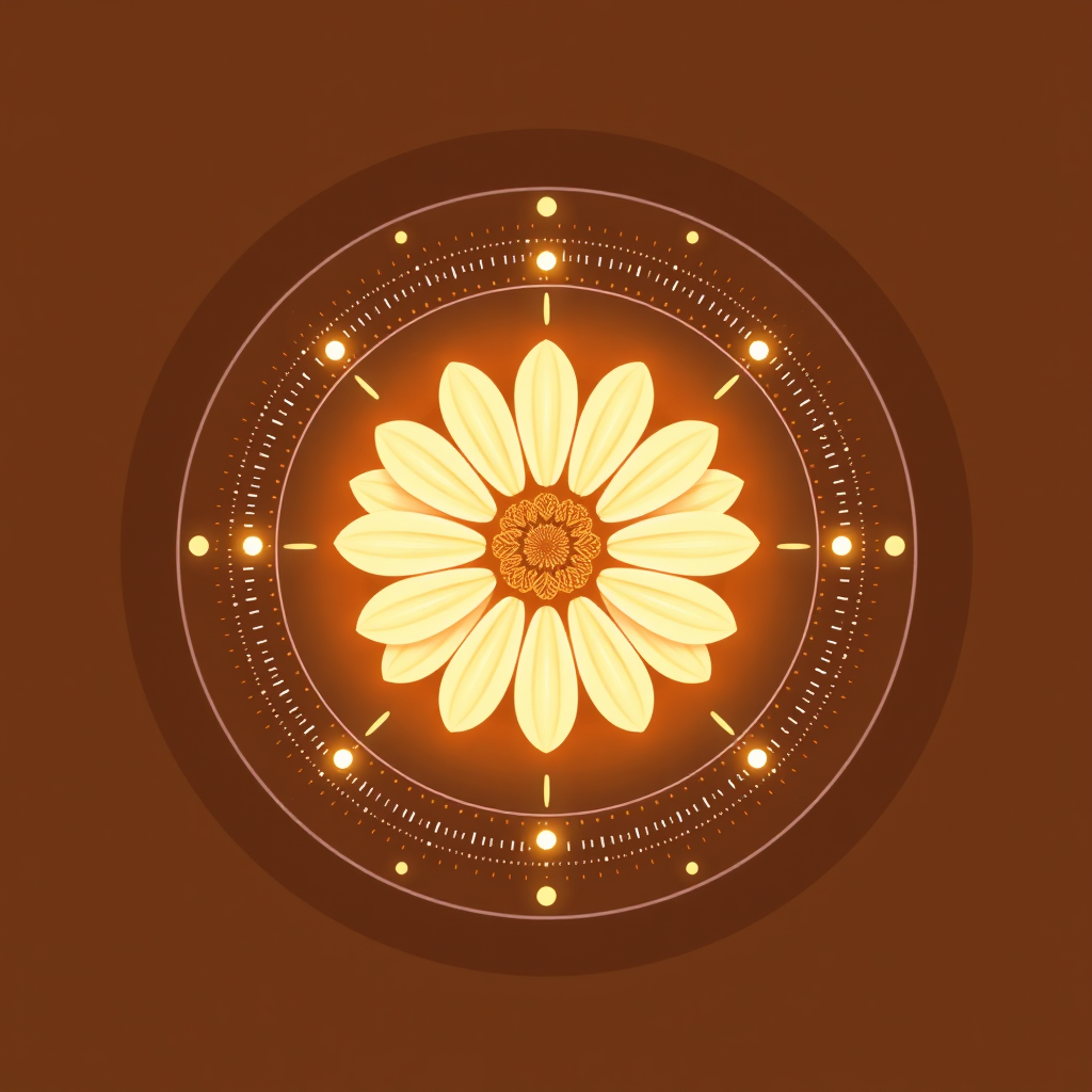 Resonating Core Bloom: A central, classic daisy icon emits concentric rings of sound energy or light, visually representing 'resonance'. Each ring can subtly incorporate elements of '2025' or different sound textures. The outer rings become more abstract and energetic.