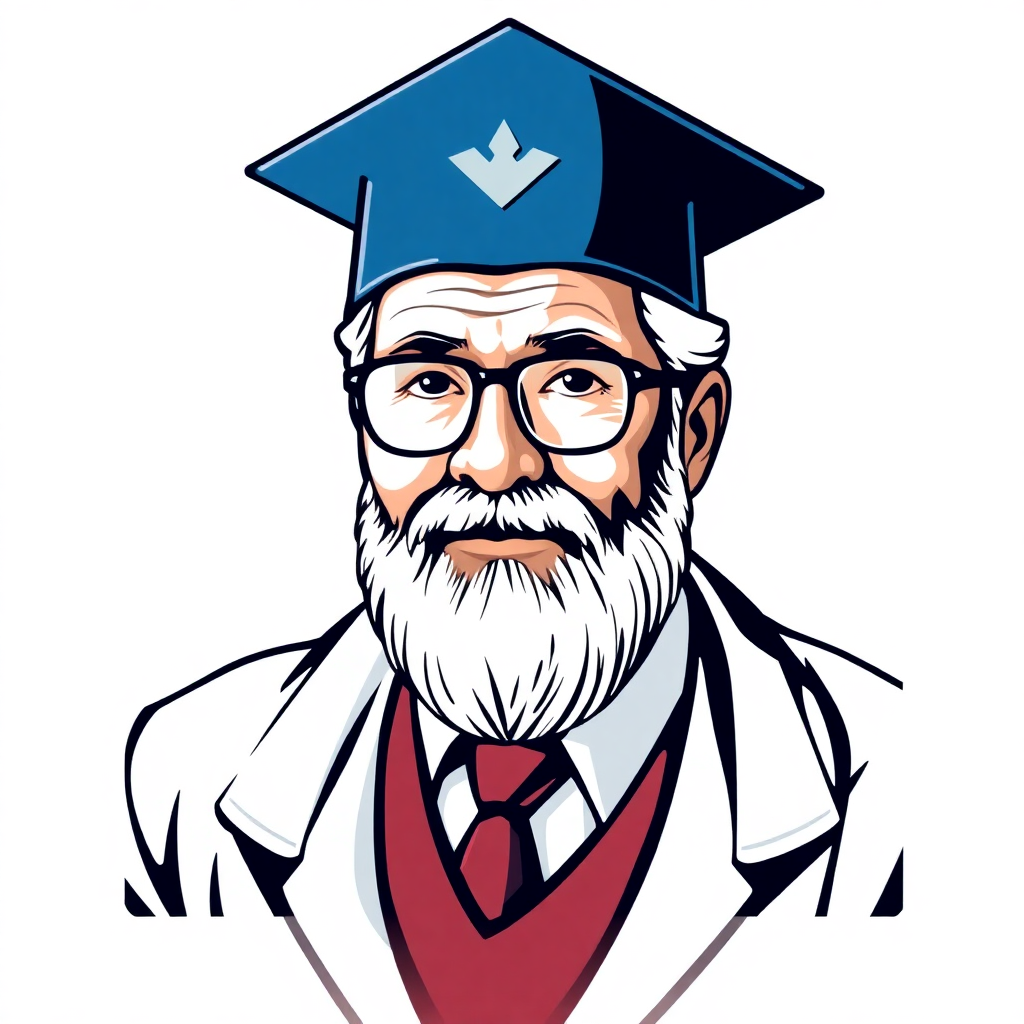 The image is a digital illustration of an elderly man wearing a blue graduation cap with a white arrow on it. He has a white beard and mustache and is wearing glasses. He is also wearing a white lab coat and a red tie. The background is white. The man appears to be in his late 60s or early 70s and has a serious expression on his face.