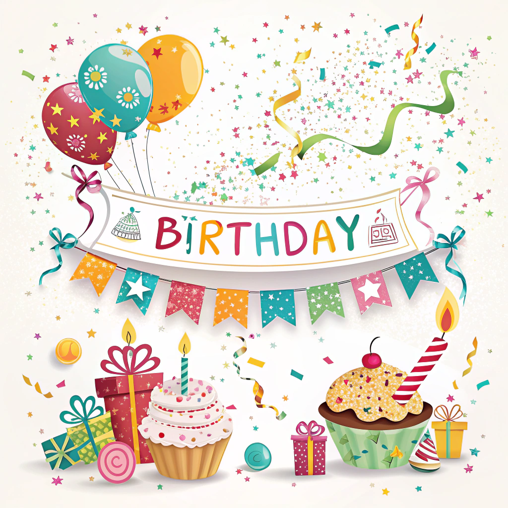 Create a sticker featuring a festive birthday banner with confetti falling around it.