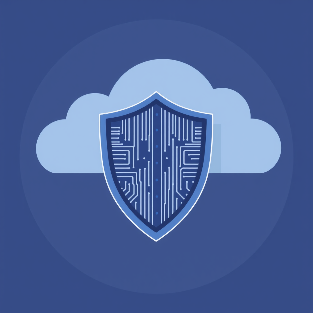 A modern, flat cloud icon with an angular shield directly overlaid; the shield features subtle digital circuit patterns or a pixelated texture.