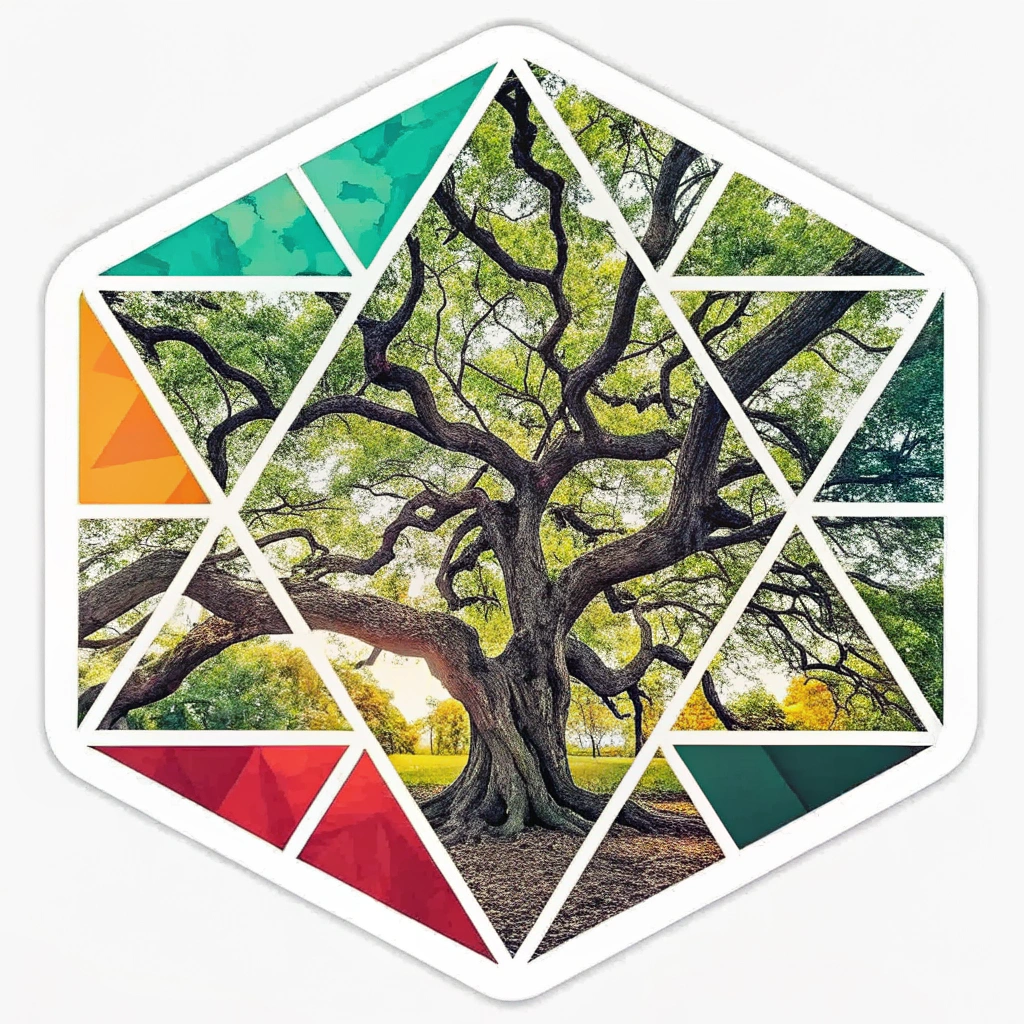 4. An abstract representation of the live oak's canopy, using vibrant colors and geometric shapes to convey the dynamic energy of the conference.