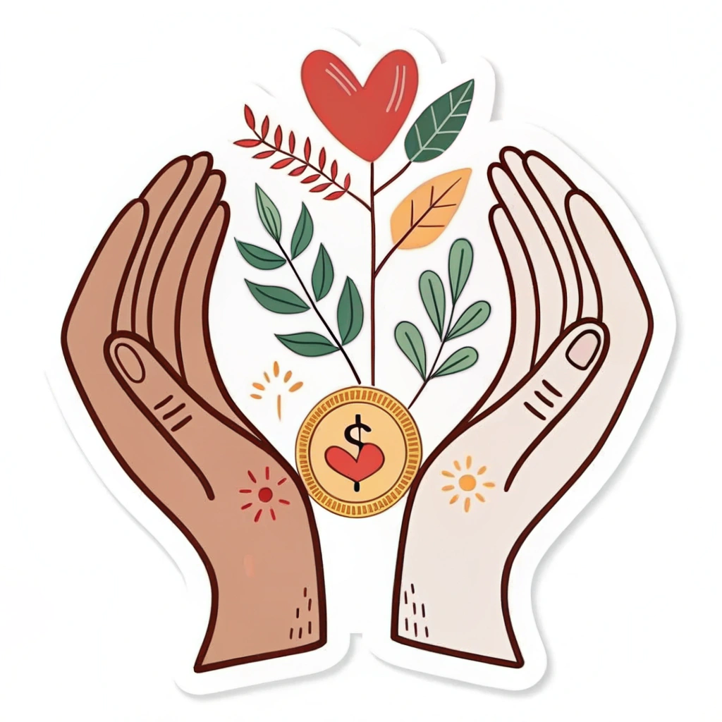 Features intertwined hands creating a protective, upward-reaching shape, evoking solidarity. Inside, motifs like a sprouting coin (Fair Wages) and a heart (Safe Work) are set against optimistic colors.