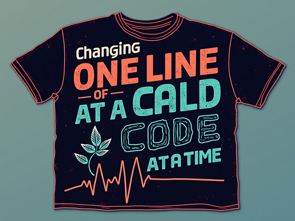 A typography-centric design where 'Changing the World' is in a large, impactful font, and 'One Line of Code at a Time' is in a monospaced, typewriter-style font, visually emphasized as a single dynamic line that morphs into a subtle heartbeat EKG or a growing plant stem.