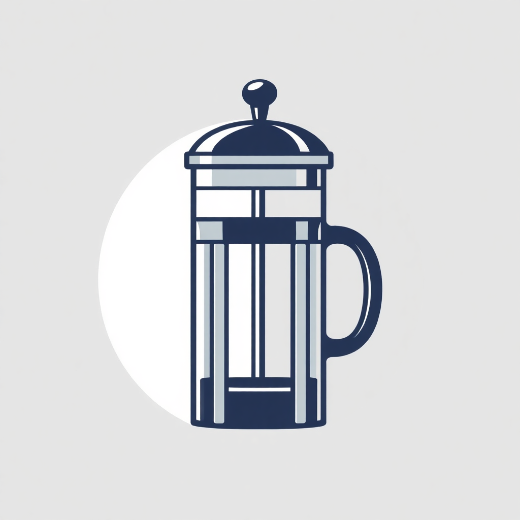 The image is a simple illustration of a French press coffee maker. It is a tall, cylindrical glass jar with a handle on one side and a spout on the other. The jar has a lid with a small knob on top, which is likely used to open and close the lid. The body of the jar is made up of horizontal lines, creating a grid-like pattern. The background is white, making the jar stand out. The overall design is simple and minimalistic.