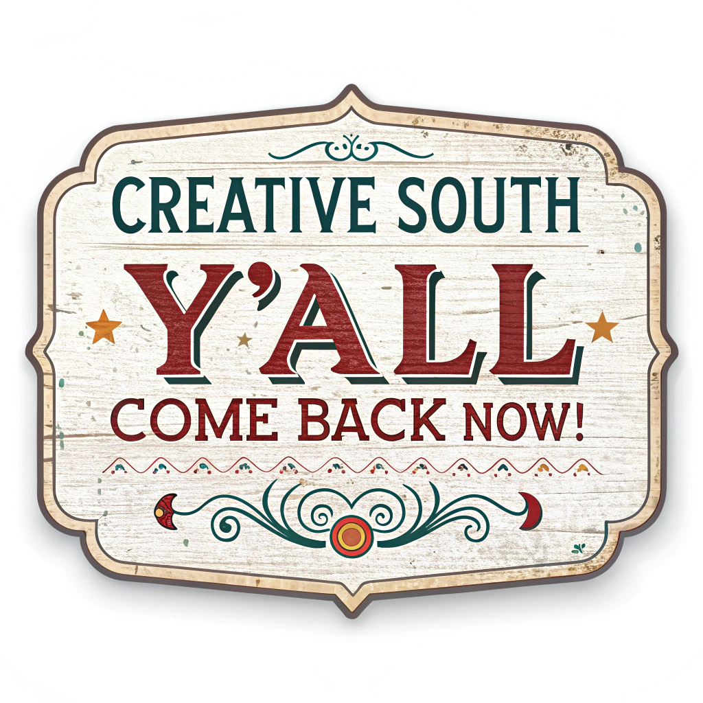 Creative South sticker design idea: A vintage-style sign that says 'Creative South: Y'all Come Back Now!' in a decorative font.