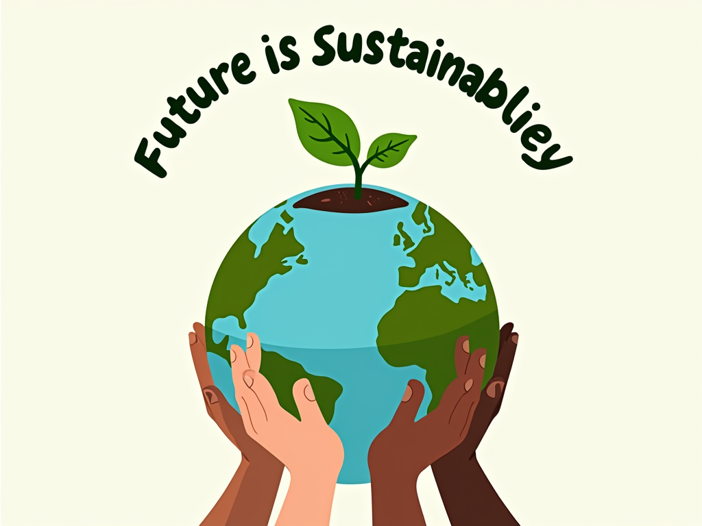 T-Shirt Design 1: Illustrated design featuring a stylized Earth with a large green sprout growing from it, held gently by diverse hands. The text 'Future is Sustainable' in a hopeful, rounded font arches above the illustration.