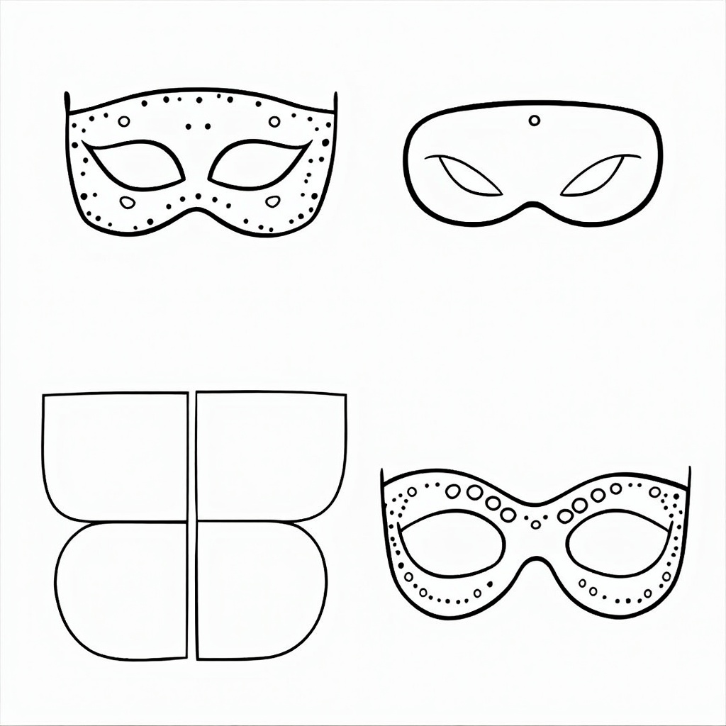 'Design Your Mask' pages offering blank mask templates (full face, half mask, domino) for children to color and decorate with their own patterns and symbols.