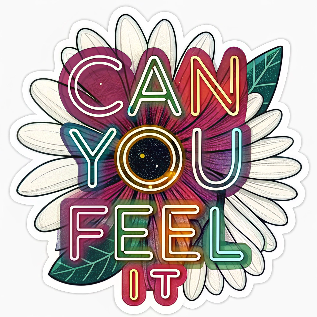 Neon Anthem Daisy: A sticker where a short, powerful EDM anthem lyric (e.g., 'Can You Feel It') is typographically shaped into the petals of a vibrant, glowing daisy using bold, electric-colored fonts.