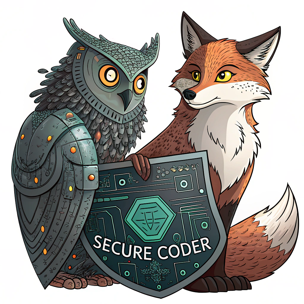 An illustrative sticker depicting a stylized cybernetic owl or fox (symbols of wisdom and vigilance) with glowing eyes, perhaps with elements of circuitry or code patterns integrated into its feathers/fur. It could be perched on or holding a shield inscribed with 'Secure Coder'.