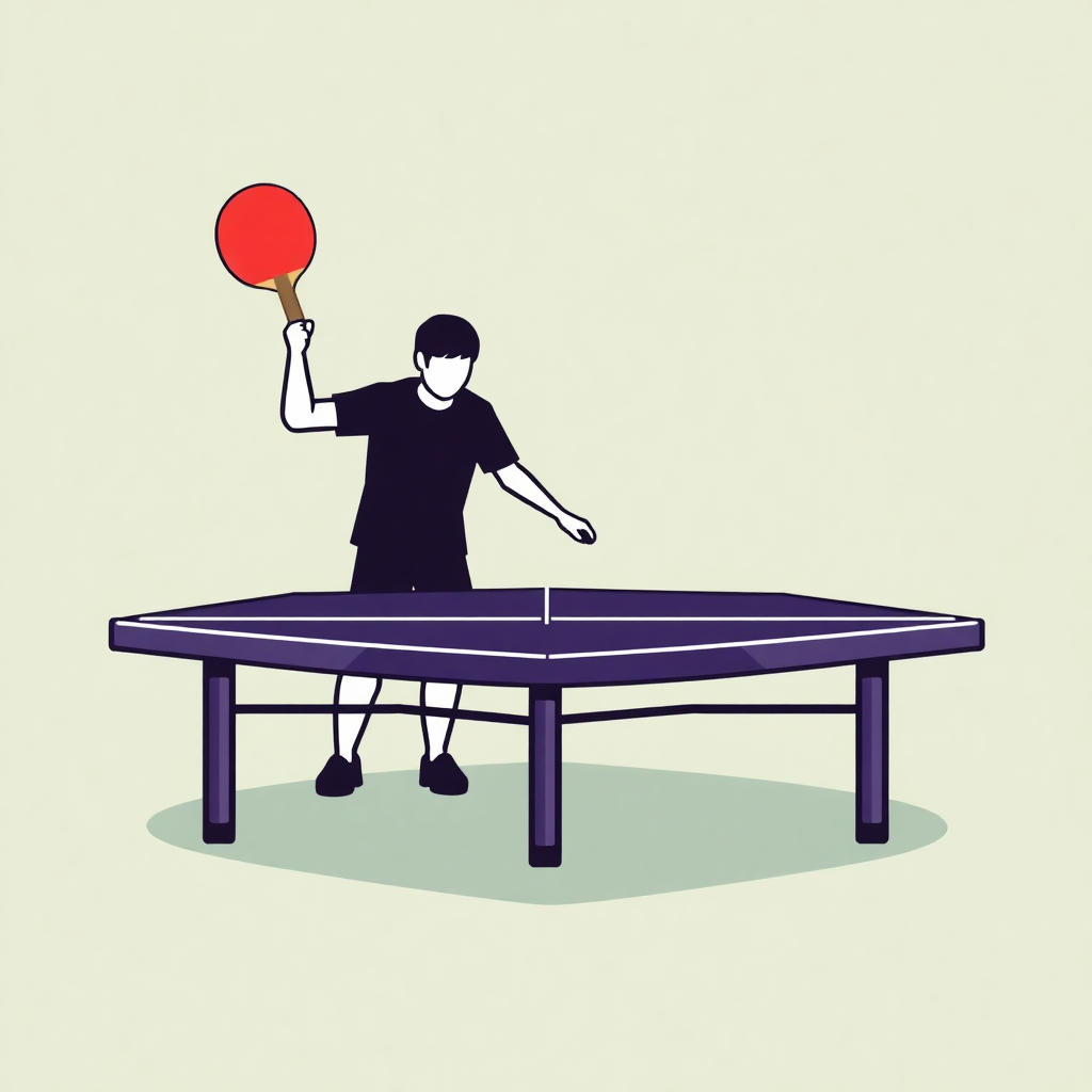  a person playing ping pong. The person is standing at a table tennis table and is holding a red paddle in their right hand. They are wearing a black t-shirt, shorts, and shoes. The table is rectangular in shape and has a blue surface. The background is a light beige color. The image is in a simple, cartoon-like style.