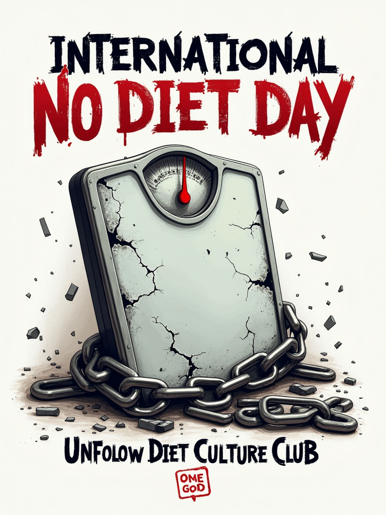 Design 2: 'Broken Chains/Scale' Concept - Visual representation of a broken bathroom scale or shattered chains, symbolizing freedom from diet restrictions. Text elements 'International No Diet Day' and 'Unfollow Diet Culture Club' are incorporated, possibly with a slightly distressed or rebellious font.