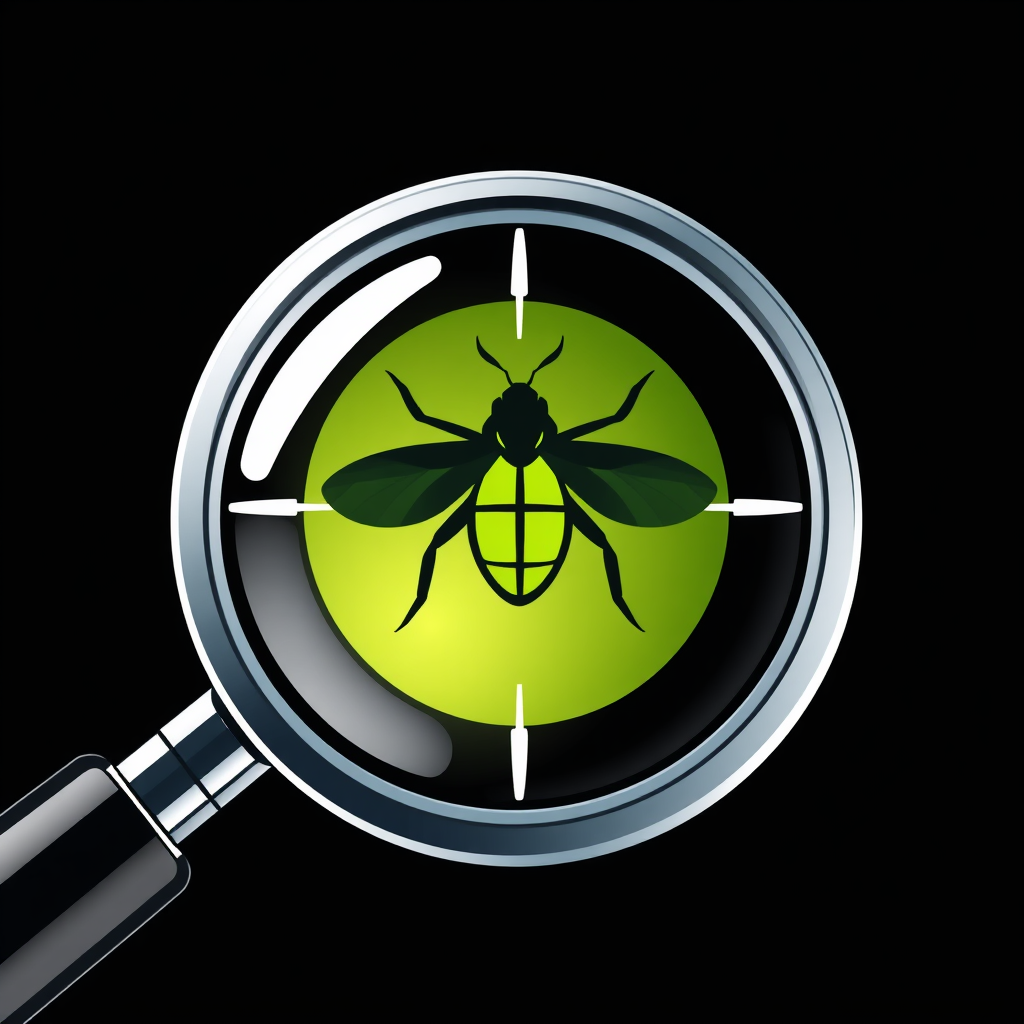 Magnifying glass where the lens itself features an integrated crosshair or target reticle, aimed precisely at a modern, abstract bug shape.