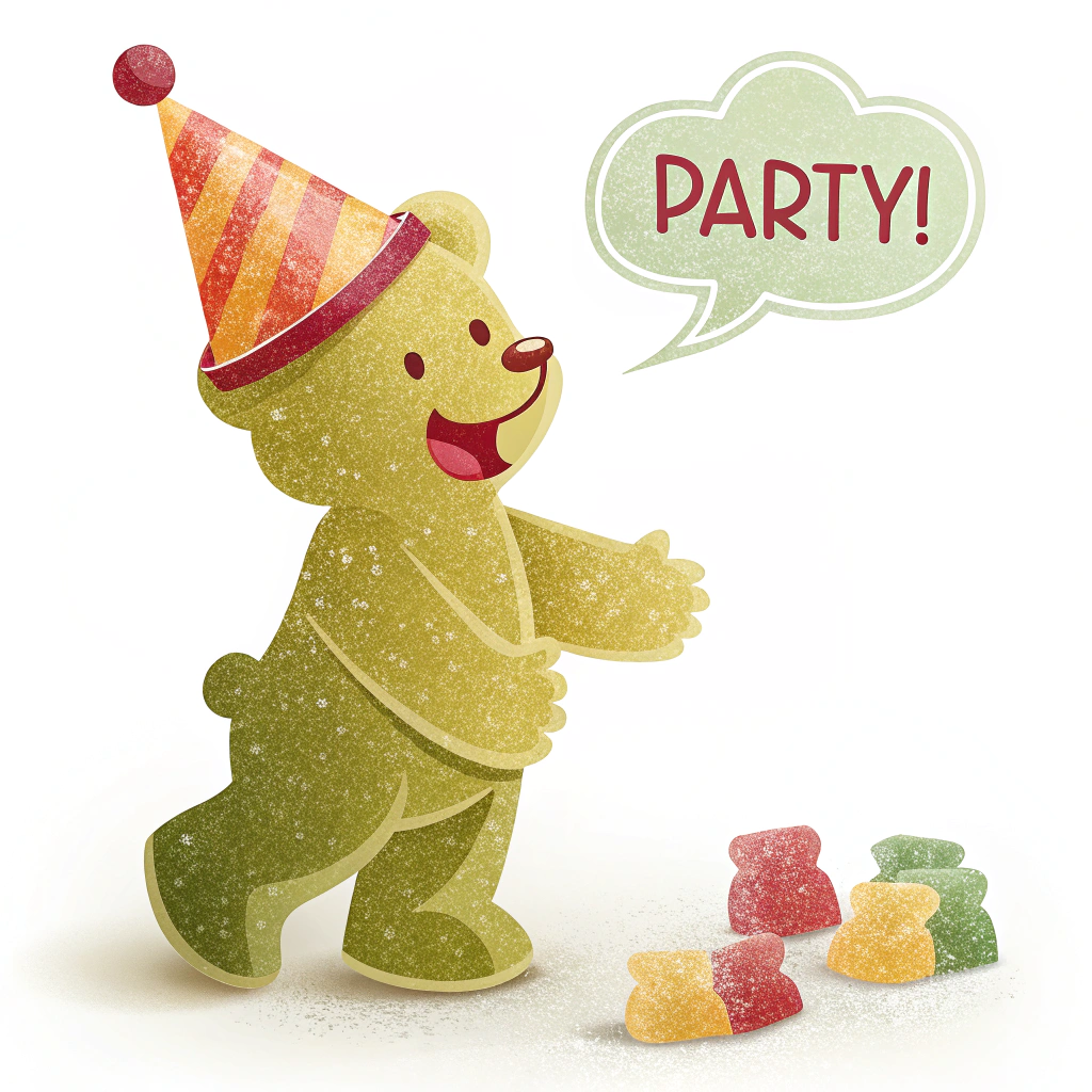 Simple Icon Idea: A classic Gummi Bear silhouette with a jaunty party hat tilted on its head and a small speech bubble exclaiming 'Party!'.