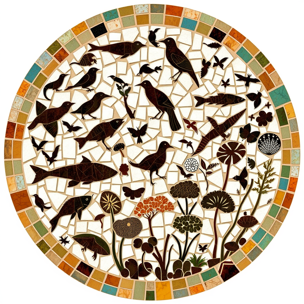 A circular design filled with abstract, organically shaped mosaic pieces. Within this mosaic, silhouettes of diverse species (mammals, birds, fish, plants, fungi) are either formed by the tiles themselves or by the negative space between them, creating a 'world of species'.