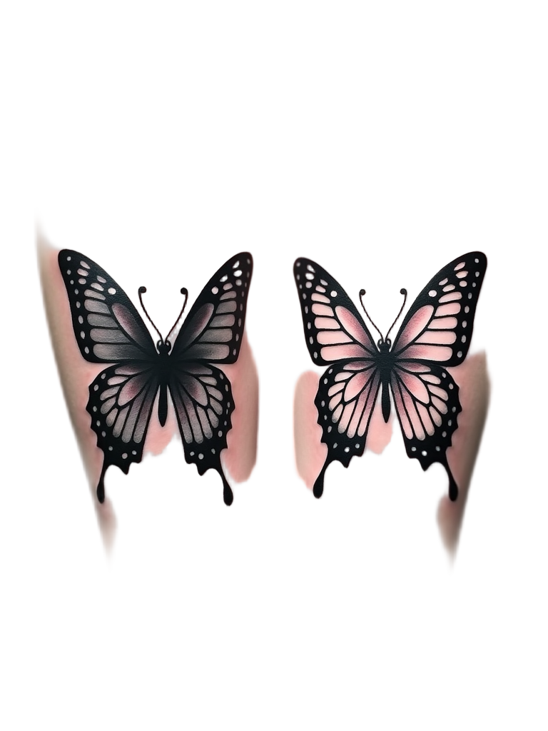 Pair of butterflies tattoo with mirror image designs, in contrasting blacks and whites, on parallel forearms, symbolizing duality and balance.