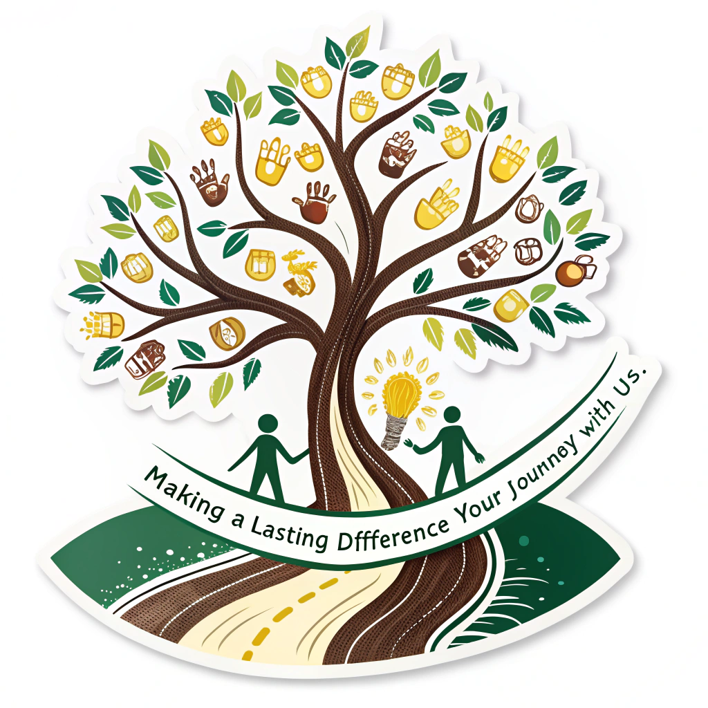 The Journey Tree Sticker: A design featuring a stylized tree whose trunk and branches form an upward path. Leaves are glowing orbs or handprints (students/impact). Text 'Making a Lasting Difference. Your Journey With Us.' integrated along the path or base. Signifies growth, lasting impact, and supportive journey.