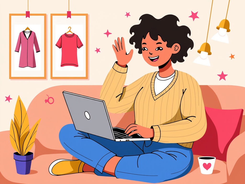  a young woman sitting on a pink couch with a laptop in front of her. She is wearing a yellow sweater and blue jeans. She has curly hair and is smiling as she waves to the camera. On the wall behind her, there are three framed pictures of pink dresses hanging on a clothesline. There is also a potted plant and a coffee cup on the couch. The room is decorated with pink stars and hanging lamps.