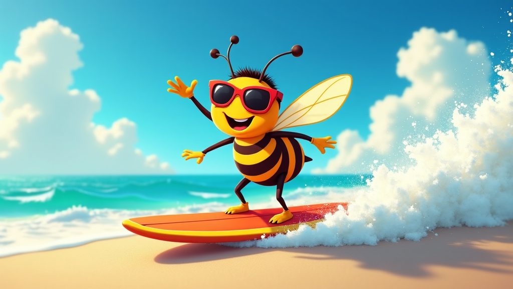 A cartoon bee, on a surfboard, riding a honey wave, exhibiting a pose of exuberance and skill.