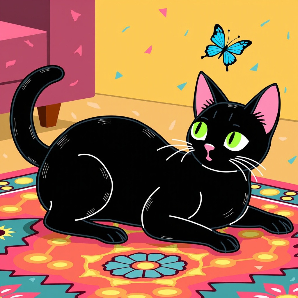 The image is an illustration of a black cat lying on a colorful rug. The cat is lying on its side with its body stretched out and its tail curled around its body. It has green eyes and pink ears. The rug has a floral pattern in shades of pink, blue, yellow, and green. In the background, there is a pink dresser and a blue butterfly flying in the air. The overall color scheme of the image is bright and cheerful.