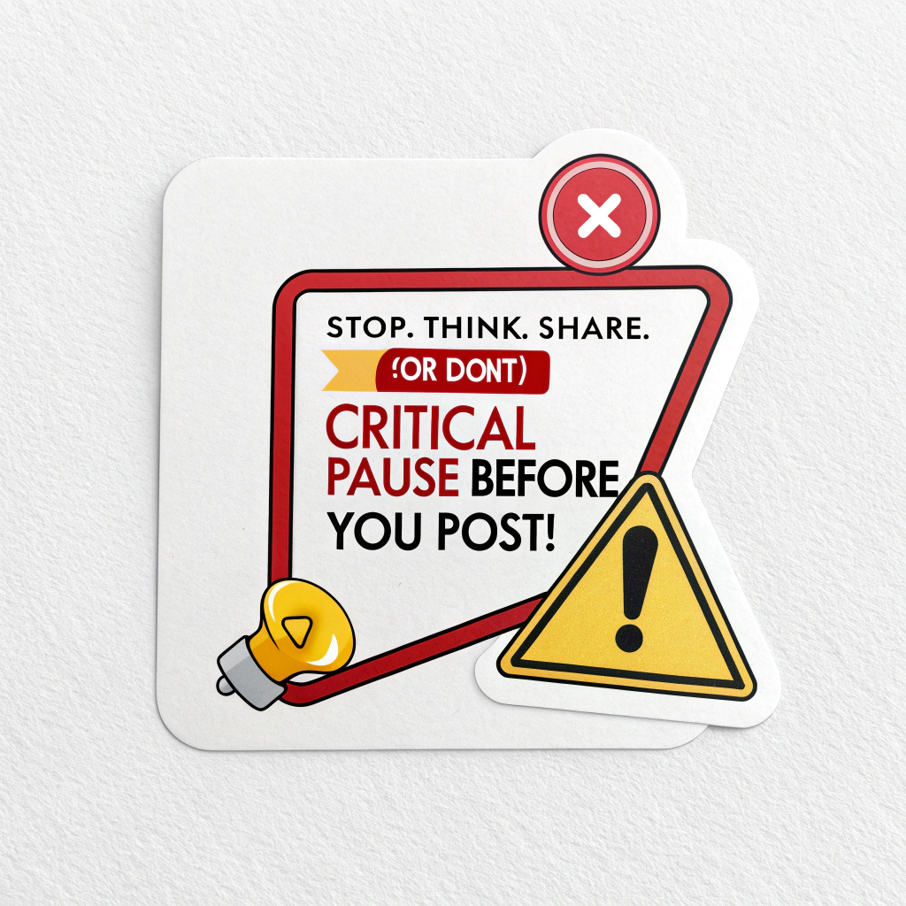 'Mindful Scroll Stopper' Sticker: A sticker designed like a physical 'stop' button, a prominent notification pop-up, or a yield sign. Use bold colors (red, yellow) and strong typography with text such as 'STOP. THINK. SHARE (or don't)' or 'Critical Pause Before You Post!'