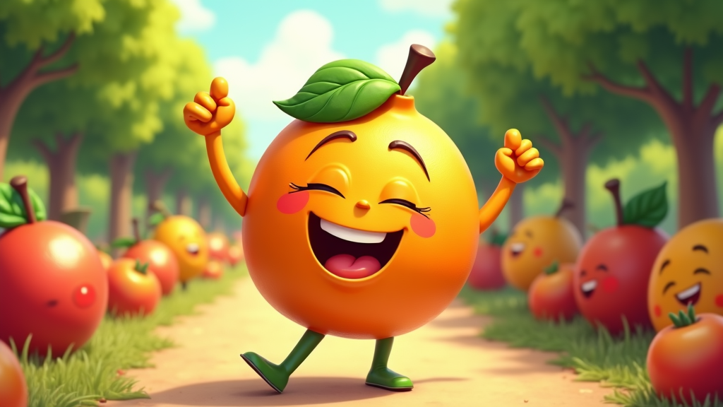  a cartoon orange character with a big smile on its face and arms raised in the air. It has a green leaf on its head and is wearing green shoes. The character is standing on a dirt path in a park or garden with trees and grass on either side. In the background, there are rows of red apples with green leaves. The sky is blue and there are a few clouds in the distance. The overall mood of the image is cheerful and happy.