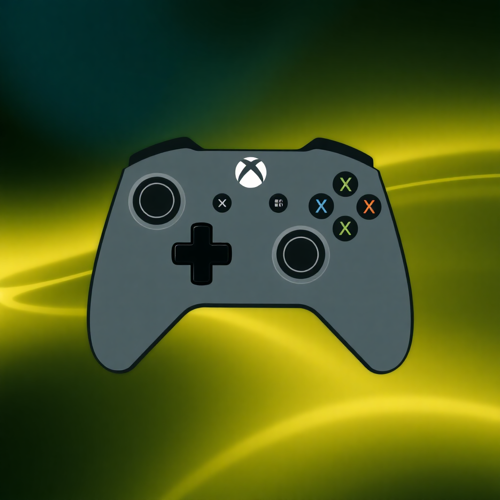 The image is a digital illustration of a gaming controller. The controller is grey in color and has a black X logo on the top left corner. It has four buttons on the left side, two on the right side, and three on the bottom right side. The buttons are arranged in a circular pattern, with a plus symbol in the center. The background is a gradient of green and yellow, with wavy lines radiating outwards from the center, creating a wave-like effect. The overall color scheme of the image is green, yellow, and black.