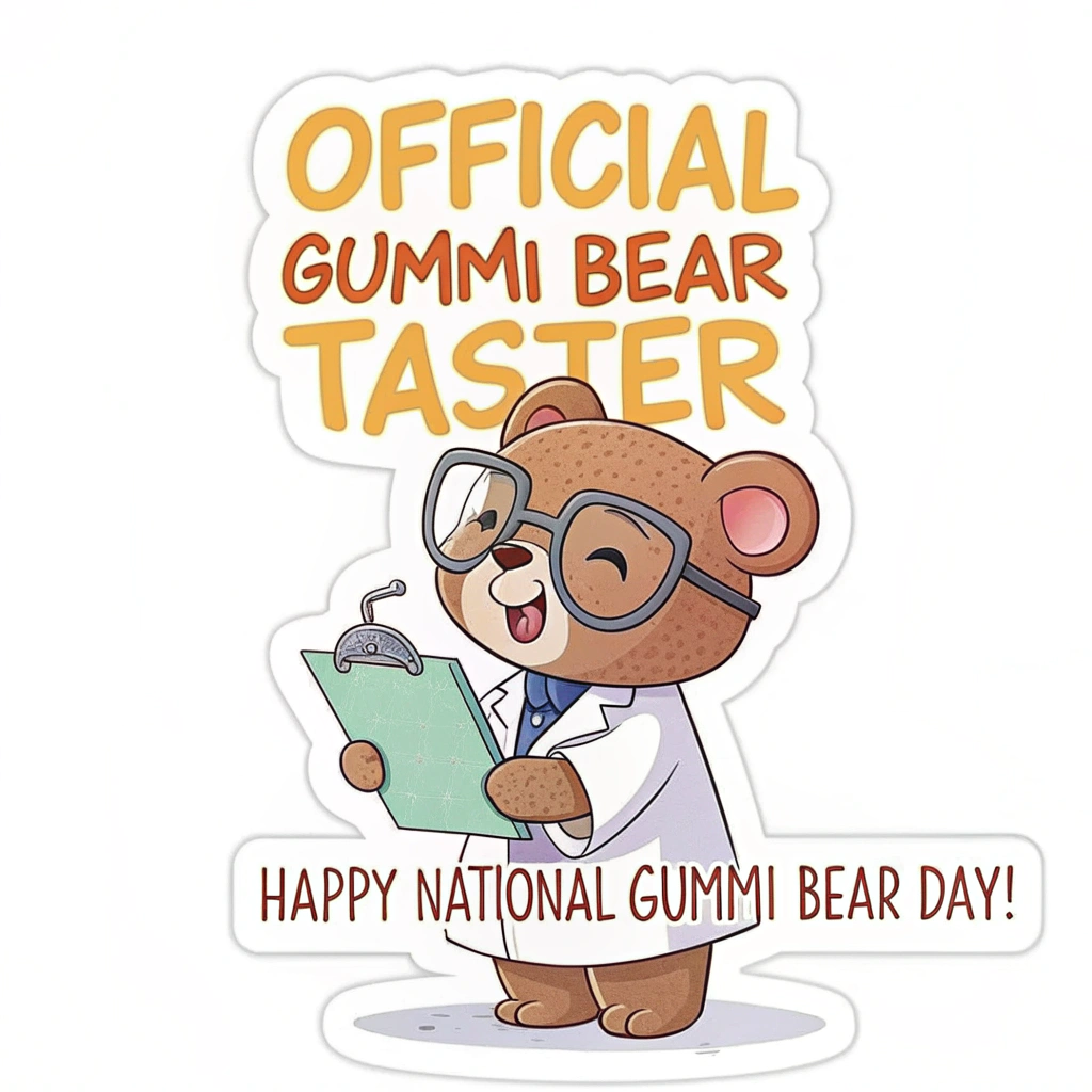 Sub-design idea 2: A playful, character-based sticker featuring a cute gummi bear wearing oversized glasses and a lab coat, holding a clipboard. The text 'Official Gummi Bear Taster' above, and 'Happy National Gummi Bear Day!' below in a fun, bouncy font.