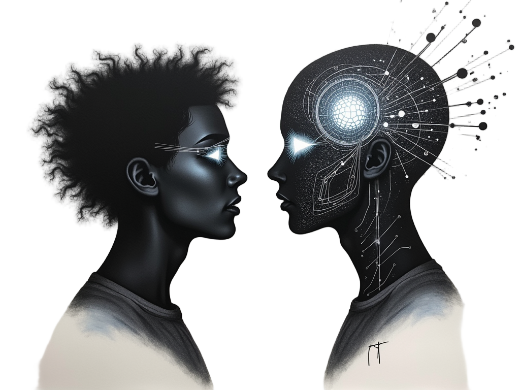 Coalescing Minds: Two silhouettes facing each other (or a single head profile), one distinctly human and the other more abstract/digital, with lines of energy or data flowing between their foreheads, representing a merging of thoughts or consciousness.