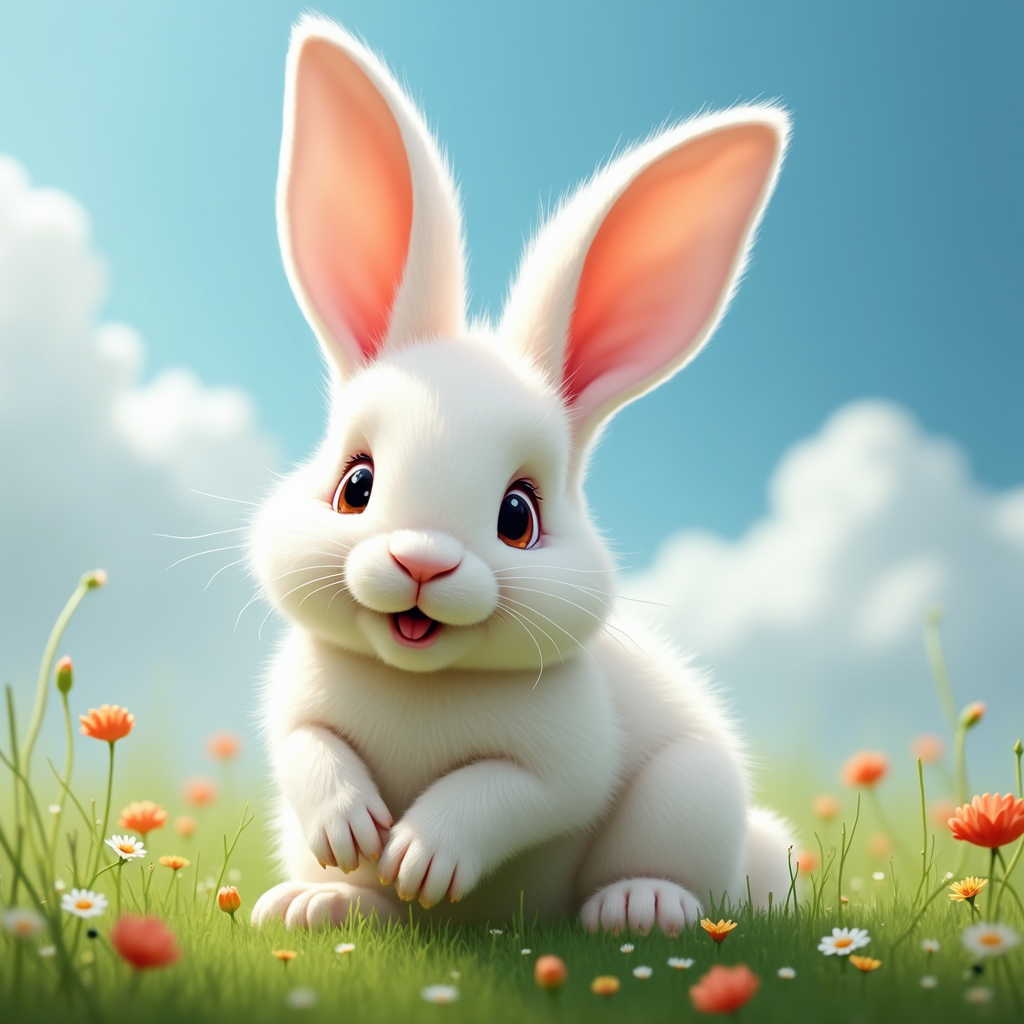 The image is a digital illustration of a cute white rabbit sitting on a grassy field with orange and yellow flowers. The rabbit has large pink ears and is looking directly at the camera with a big smile on its face. The background is a light blue sky with white fluffy clouds. The overall mood of the image is cheerful and playful.