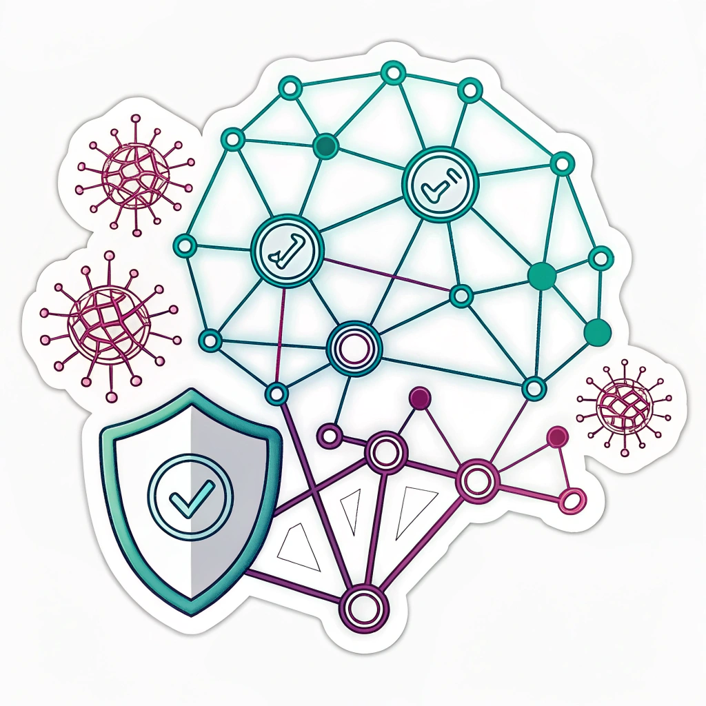 Glowing Neural Connections: A design featuring interconnected nodes with lines of varying thickness and intensity, glowing as if data is actively flowing. Some nodes could be larger, representing hubs. A subtle shield emblem could be integrated into a key node or a reinforced connection. Set against a dark, tech-themed background (e.g., deep blue or black) with vibrant cyan, green, or magenta neon glows for the lines and nodes.