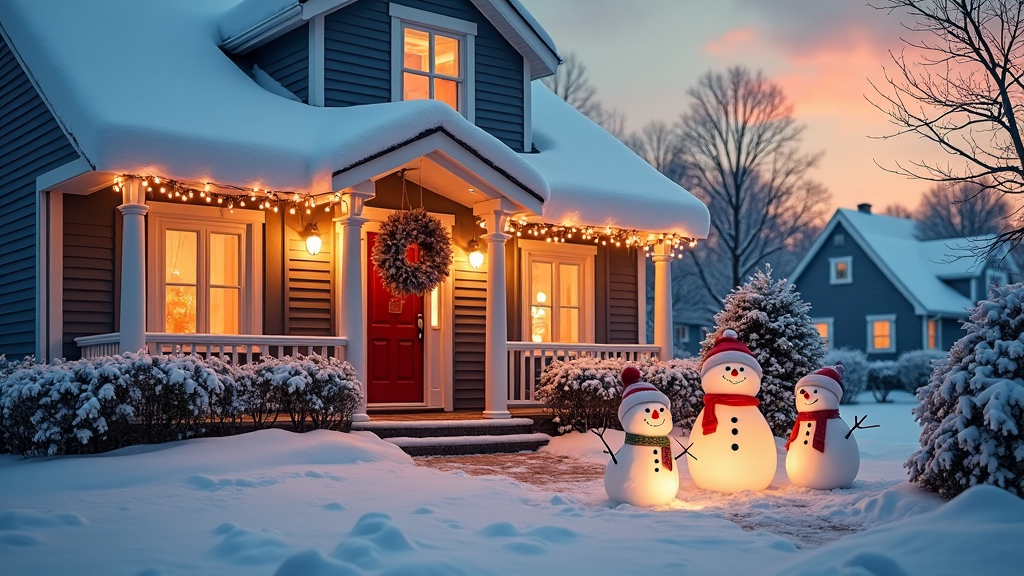 A snow-covered house with a neatly decorated front yard, strings of twinkling lights outlining the roof, bushes topped with snow, and a wreath hanging on the door. A family of snowmen with different-sized scarves and hats stands proudly on the lawn, and in the background, the sky is painted with a warm sunset hue indicating a peaceful holiday evening.