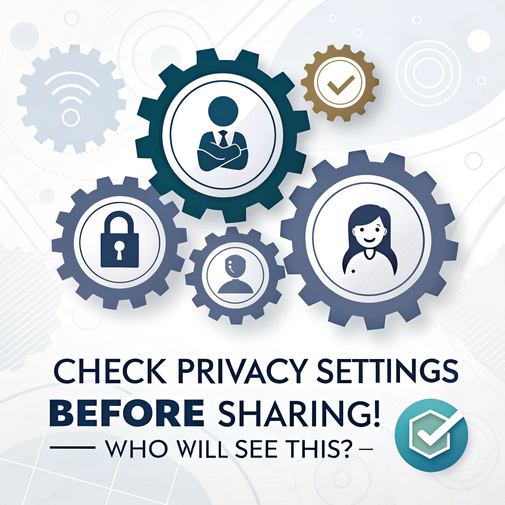 'Privacy Settings Gears' Sticker: An illustration of interlocking gears, where each gear features a common privacy icon (e.g., a lock, an eye, a silhouette of a group vs. individual). The message would be direct: 'Check Privacy Settings BEFORE Sharing! Who will see this?'
