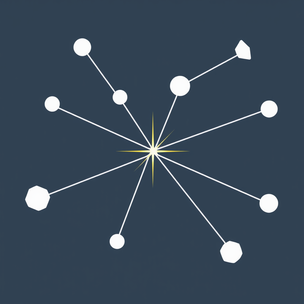 Sub-design 4 (Geometric Intelligence): Nodes are represented by clean, abstract geometric shapes (e.g., hexagons, triangles). Connections are crisp, straight lines. The 'spark' is a stylized, sharp flash of light at intersections, emphasizing the digital and structured nature of AI.