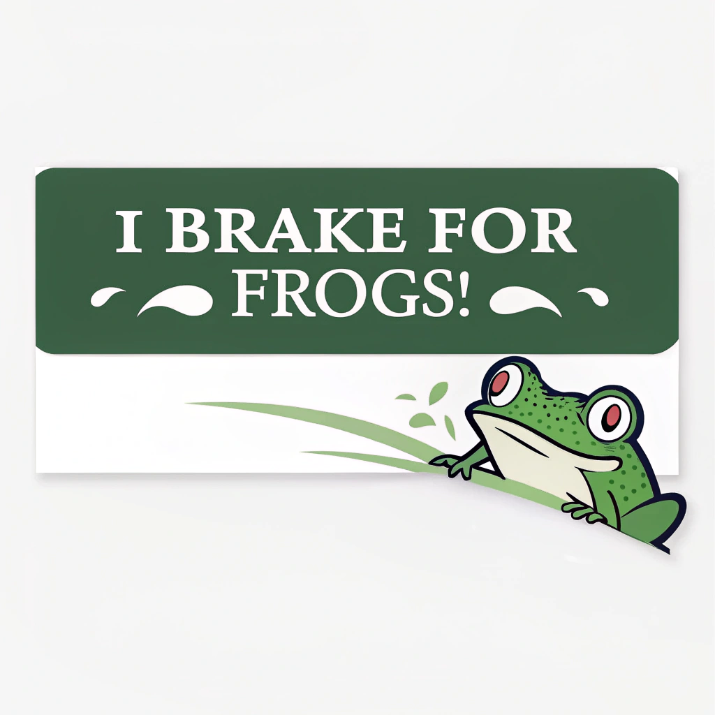 A green rectangular bumper sticker with white, clean, capitalized text 'I BRAKE FOR FROGS!'. Feature a stylized illustration of cartoon frog eyes peering over the bottom edge of the sticker.