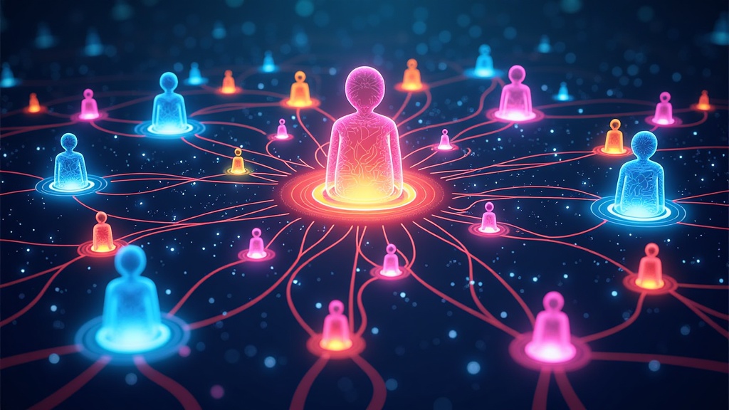 Visualize an intricate network of glowing neural pathways connecting diverse individuals to a central, benevolent AI core. This core disseminates personalized mental wellness resources, therapy modules, and supportive community connections, illustrated as accessible holographic interfaces.
