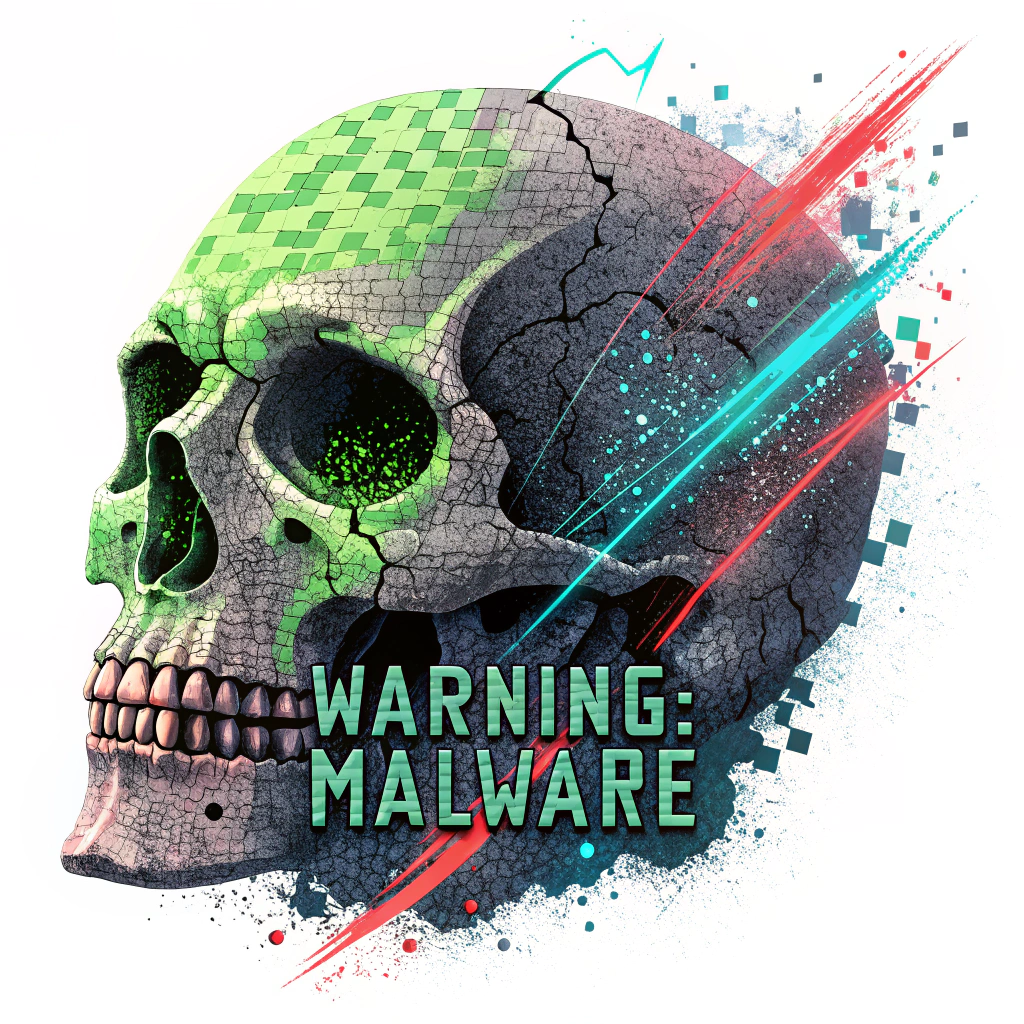 Sub-design 1 (Glitch Art Skull): A pixelated skull appearing highly fragmented or mid-disintegration, with vibrant, glitchy pixel artifacts (e.g., neon green, electric blue, warning red) streaking from it. The text 'WARNING: MALWARE' in a chunky, distressed pixel font could be embedded within the visual noise.