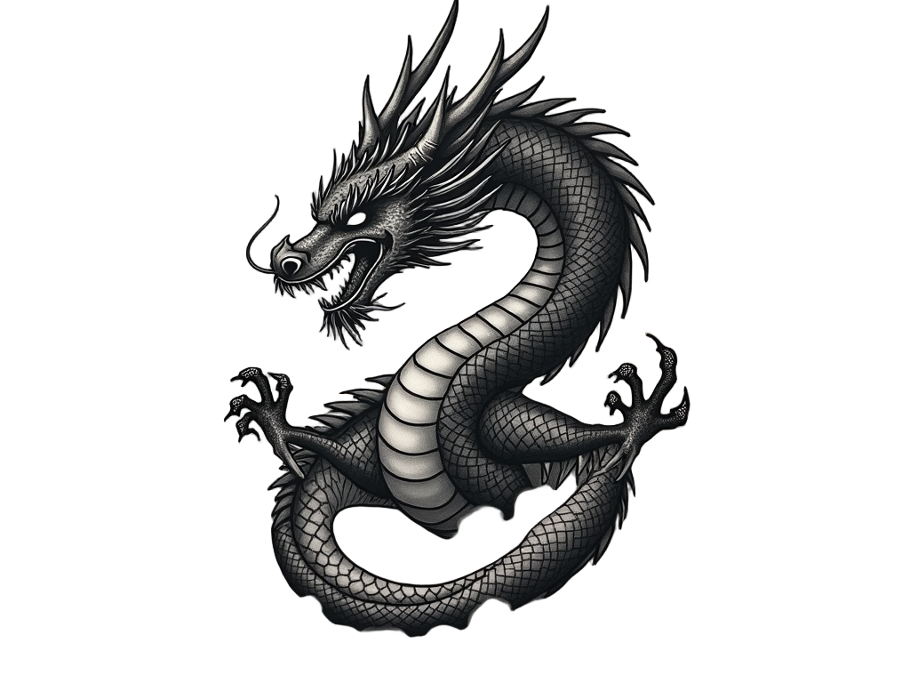 A striking black-and-grey dragon tattoo, with scales expertly shaded, curls around a neck, imbued with a sense of ancient mystery and strength.