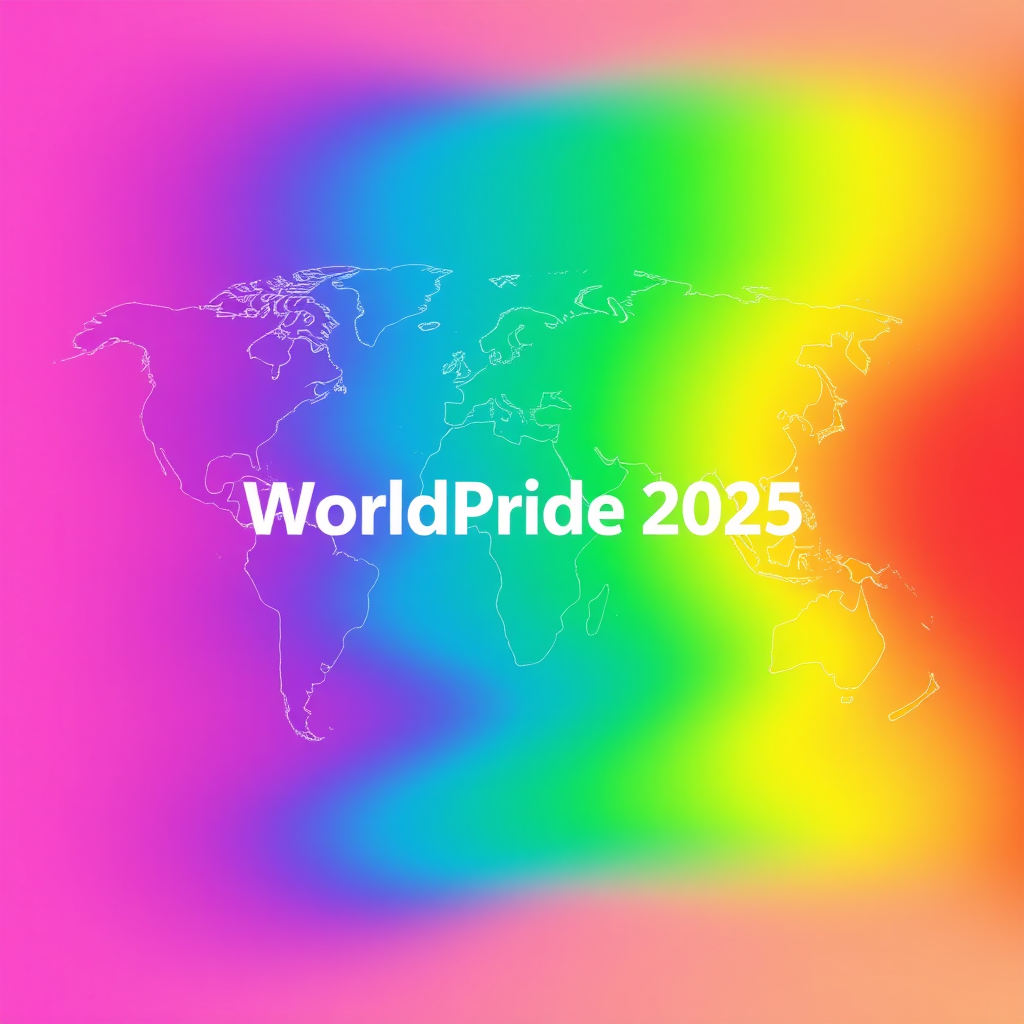 Sub Design Idea 4: A world map outlined with a flowing rainbow gradient, where continents subtly blend into each other, emphasizing unity over borders. 'WorldPride 2025' in a bold, clear font overlaid or adjacent.