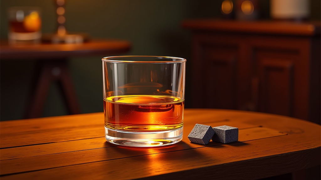  a glass of whiskey on a wooden table. The glass is filled with a golden-brown liquid, which appears to be whiskey, and there are two small black cubes on the table next to it. The background is blurred, but it seems to be a dimly lit room with other tables and chairs visible. The overall mood of the image is cozy and inviting.