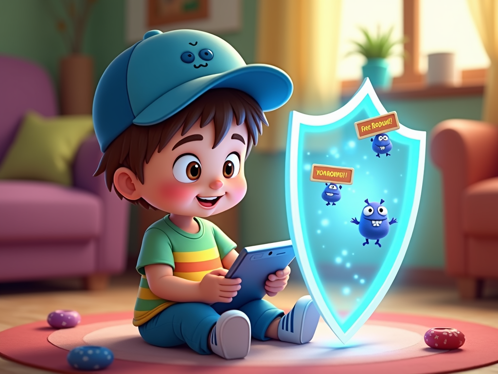 Guardian Shield of Awareness: A child is using a phone/tablet, while a transparent, friendly shield (perhaps held by an abstract 'awareness' aura or a subtle parental hand) deflects incoming 'Clickbait Critters' – depicted as small, impish creatures carrying misleading signs like 'Free Robux!' or 'You Won!'.