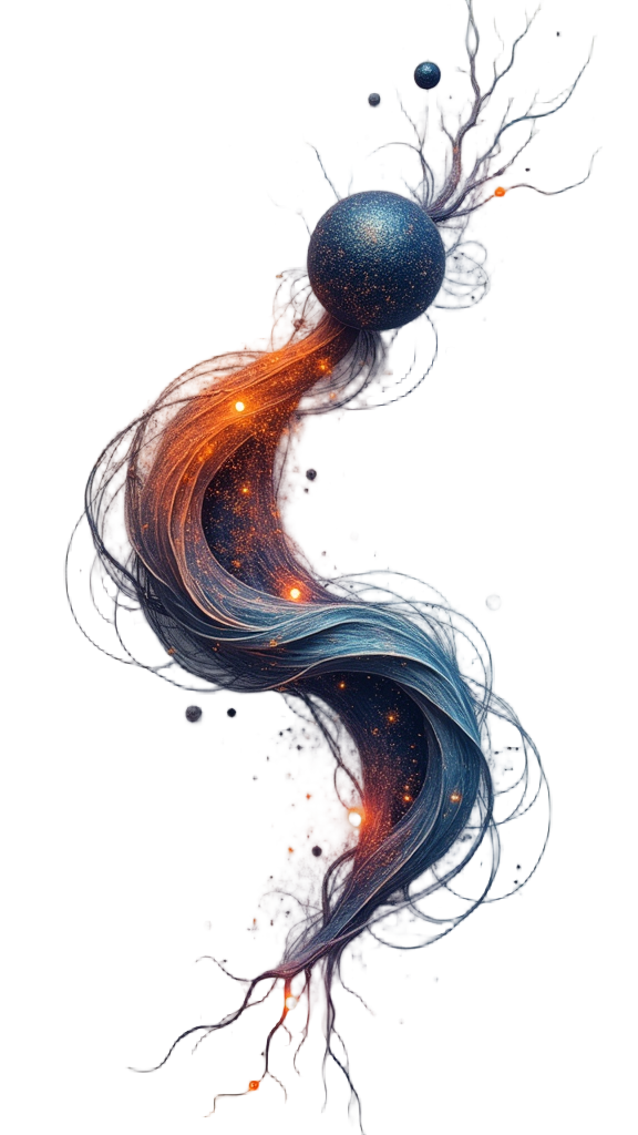 Sub-design idea 3: Entangled Waves & Particles. An abstract design blending wave patterns (representing quantum fields or probability) with two distinct 'particle' elements. These particles, though potentially separated within the design, are visibly linked by a delicate thread of energy or a shared resonance pattern, highlighting their connection amidst complexity.