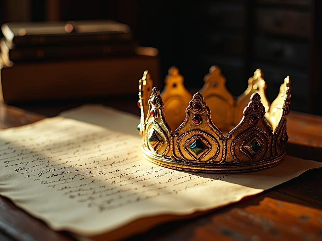 The unmistakable profile view of a regal crown resting on an antique wooden table, surrounded by historical documents.