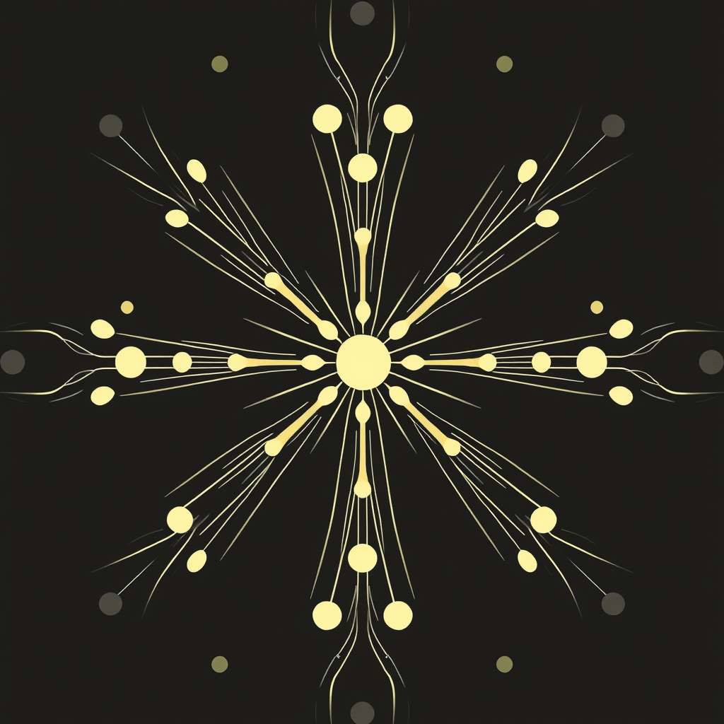 Generative Seed Icon: A central point or 'seed' element (e.g., a dot or simple shape) from which lines, shapes, or particles expand outwards based on visible algorithmic rules (like set angles, growing lengths, or branching logic), forming an intricate pattern.