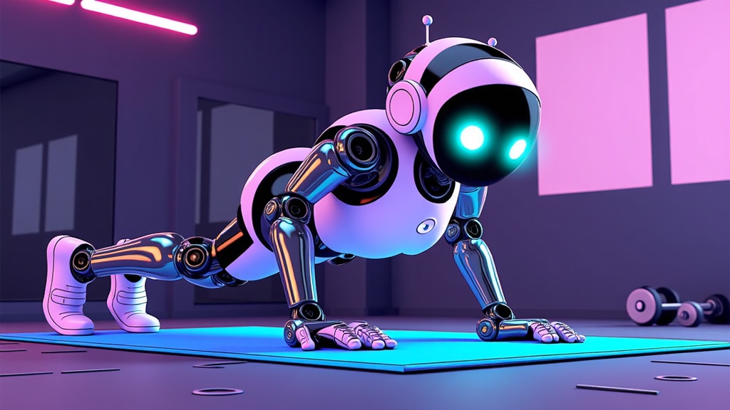  a robot in a gym. The robot is white with black and blue accents and has a round head with two blue eyes. It is standing on its hind legs with its front paws on the ground and its arms stretched out in front of it. It appears to be in a plank position with its feet shoulder-width apart and its hands resting on its knees. The background of the image is a gray room with pink and purple lights. There are two dumbbells on the floor next to the robot.