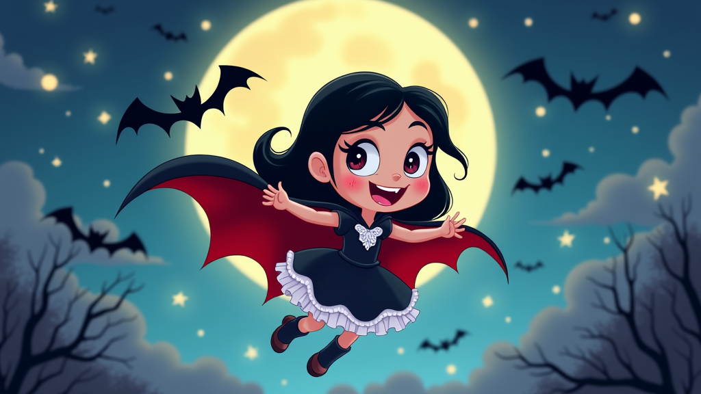 The image is a digital illustration of a young girl dressed up as a vampire. She is wearing a black dress with a white apron and a red cape. She has long black hair and is flying in the air with her arms outstretched. The background is a night sky with a full moon and bats flying around. The sky is blue with white clouds and there are bare trees on either side of the image. The girl has a big smile on her face and appears to be happy and excited.